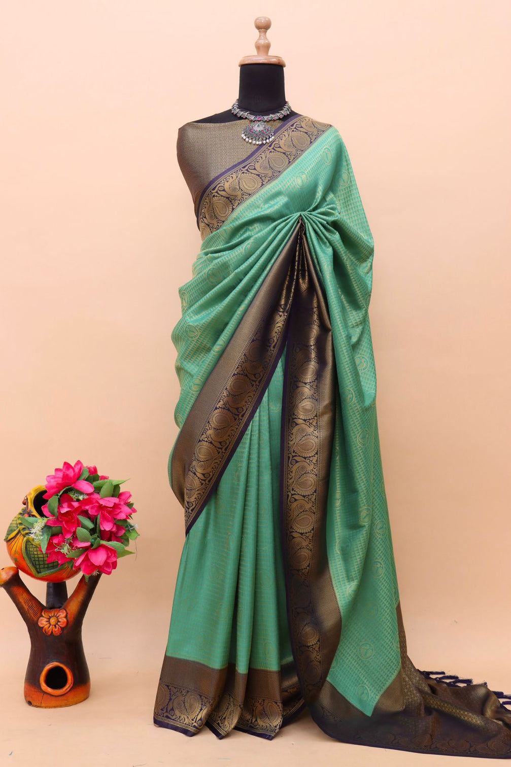 Mint Green Kuber Soft Silk Saree with Exquisite Golden Jari Work & Matching Blouse