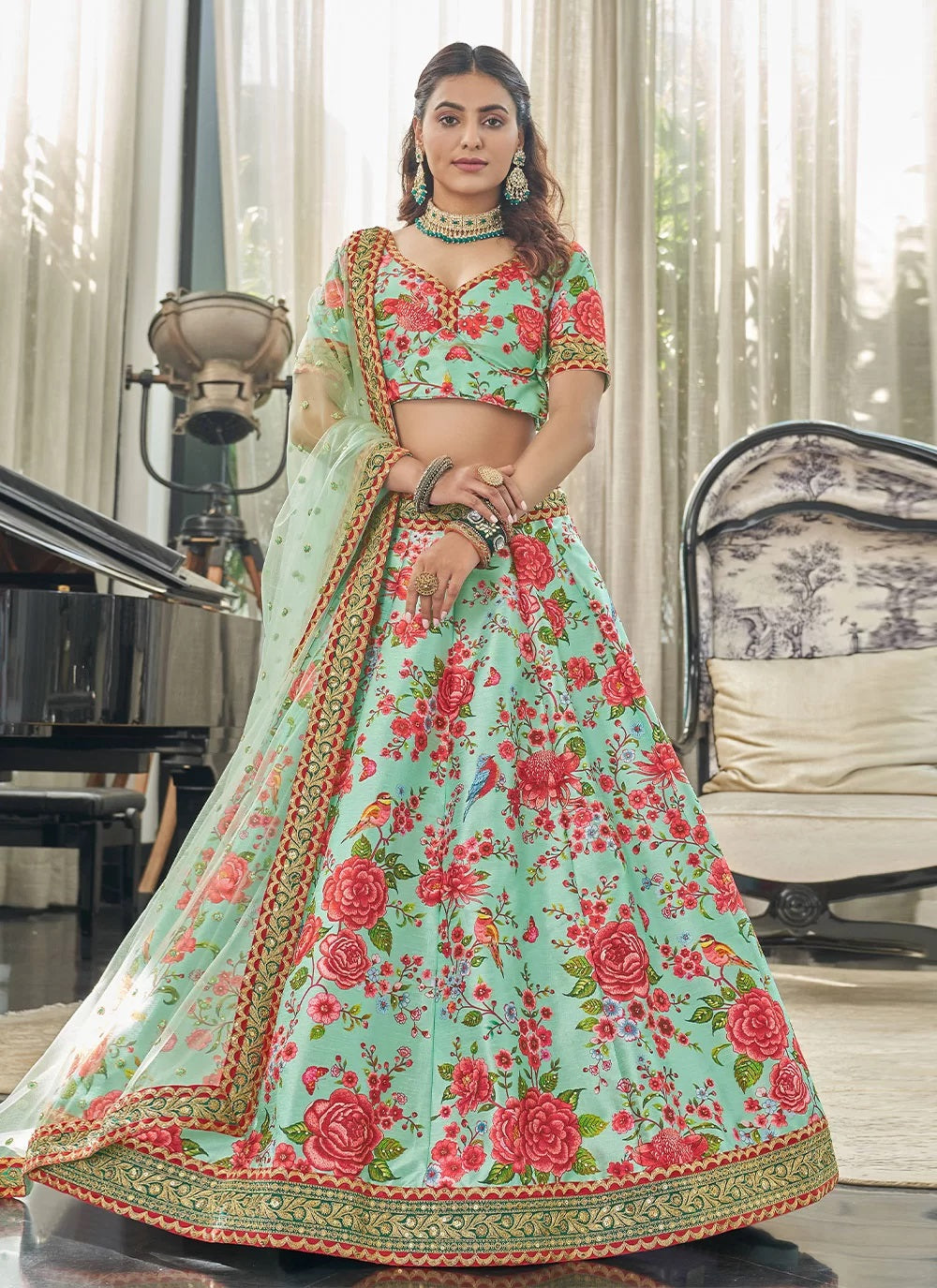 Mint red art silk party wear lehenga choli