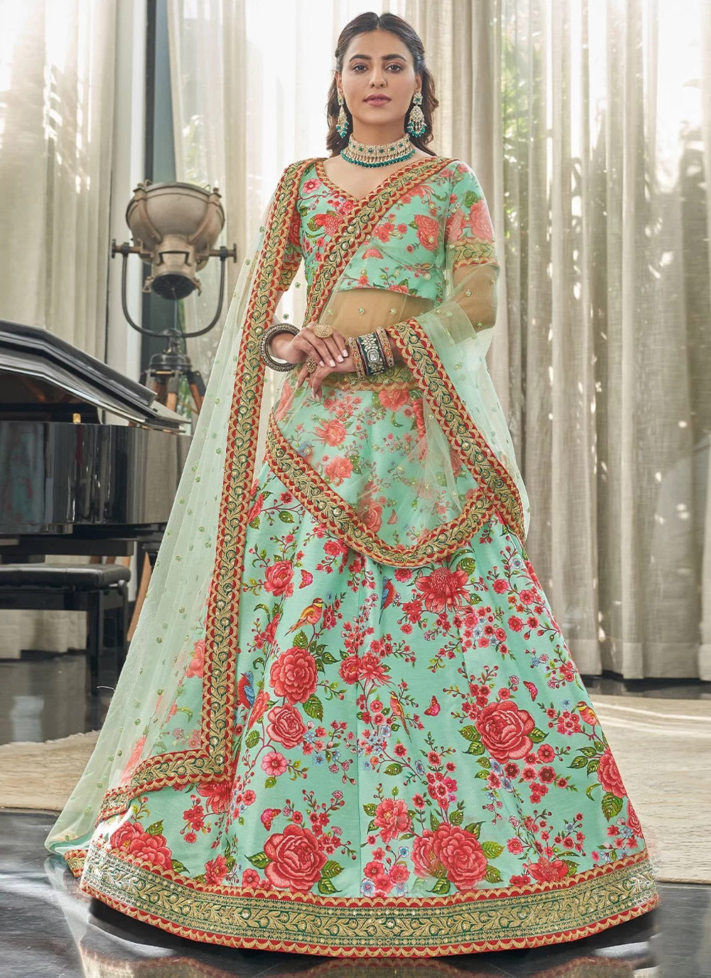 Mint red art silk party wear lehenga choli