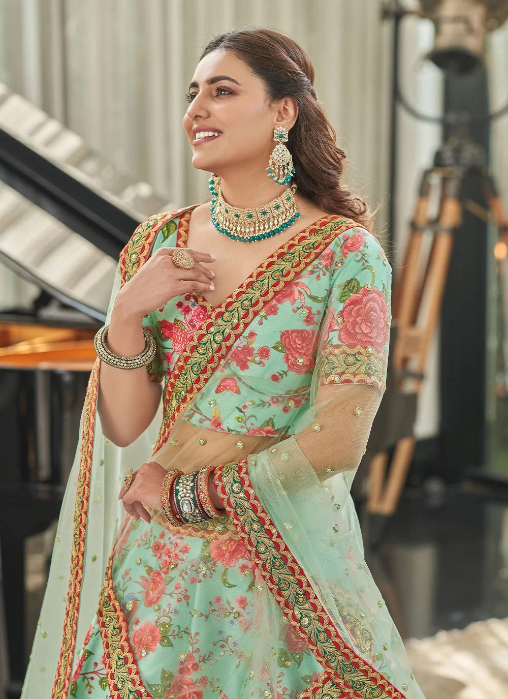 Mint red art silk party wear lehenga choli