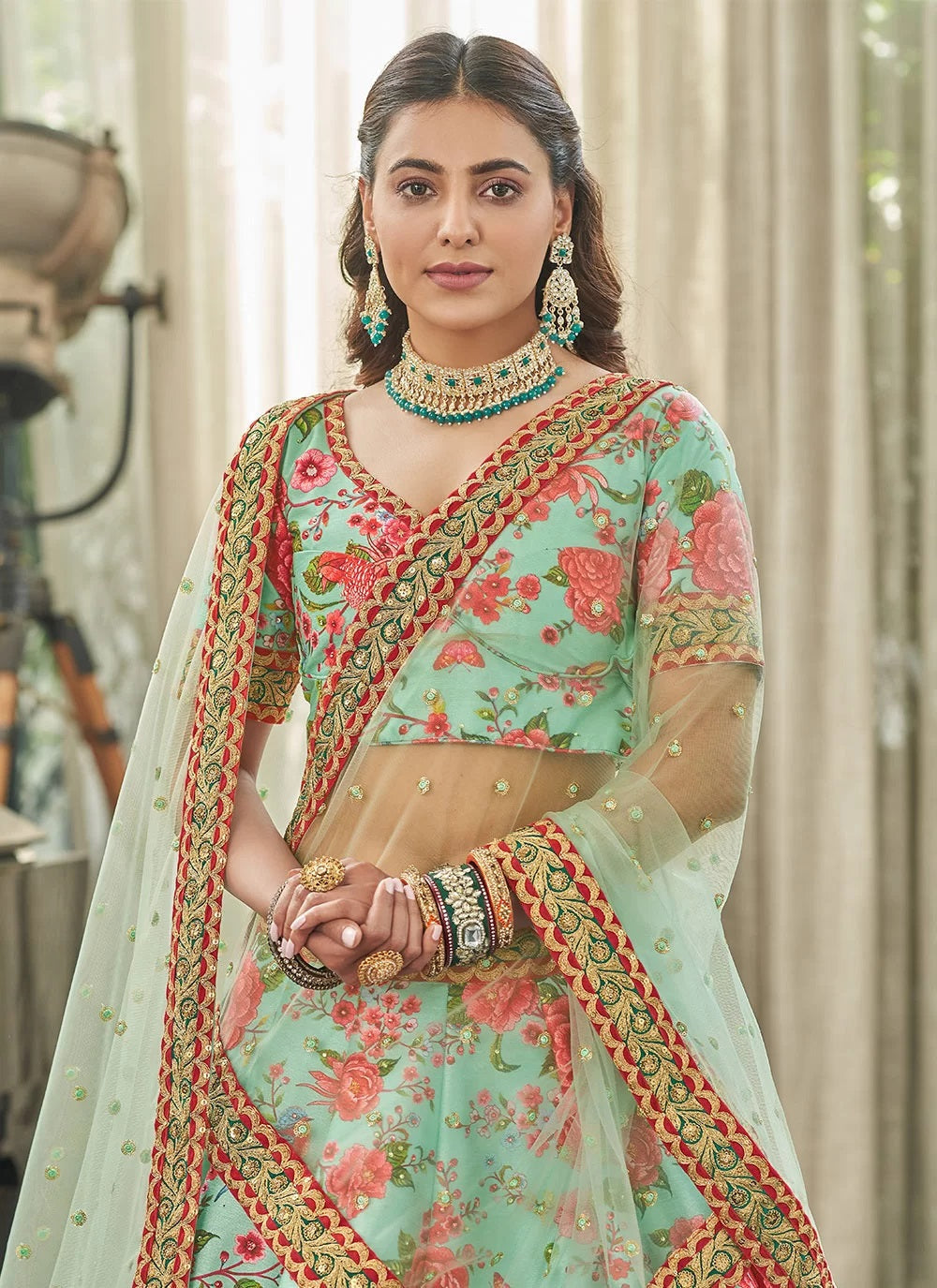 Mint red art silk party wear lehenga choli