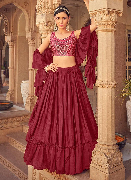 Mirror Work Choli With Maroon Ruffle Chaniya