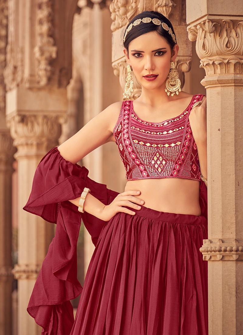 Mirror Work Choli With Maroon Ruffle Chaniya