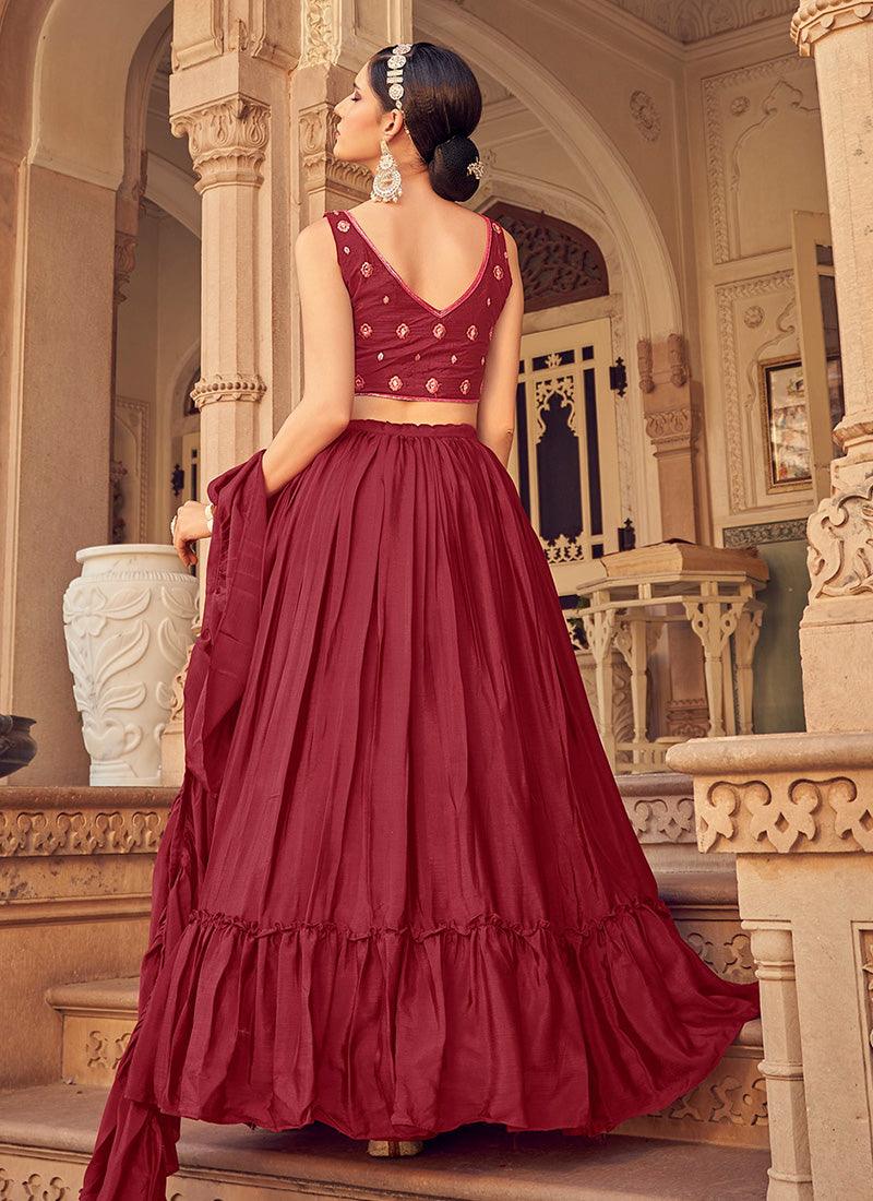 Mirror Work Choli With Maroon Ruffle Chaniya