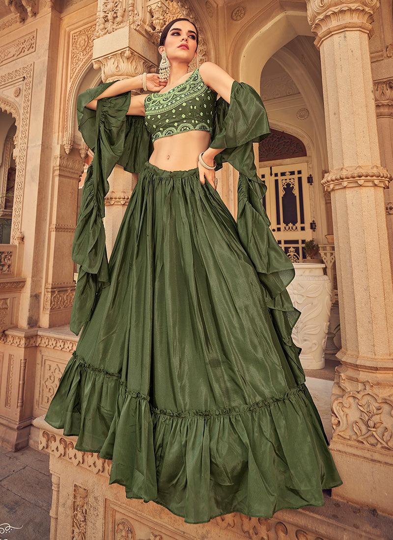 Mirror Work Choli With Olive Green Ruffle Chaniya