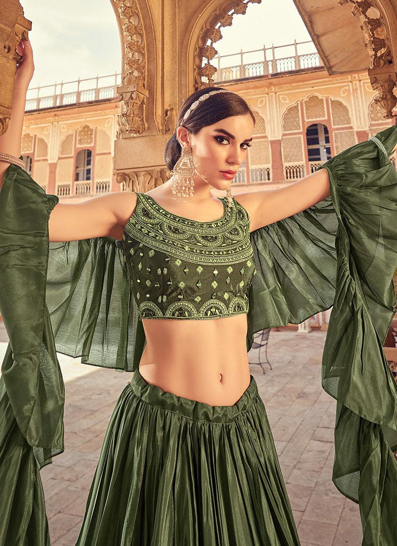 Mirror Work Choli With Olive Green Ruffle Chaniya