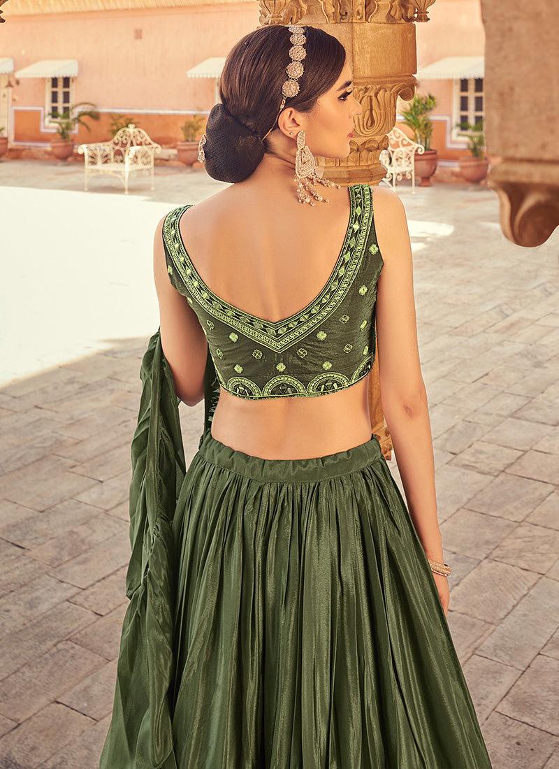 Mirror Work Choli With Olive Green Ruffle Chaniya