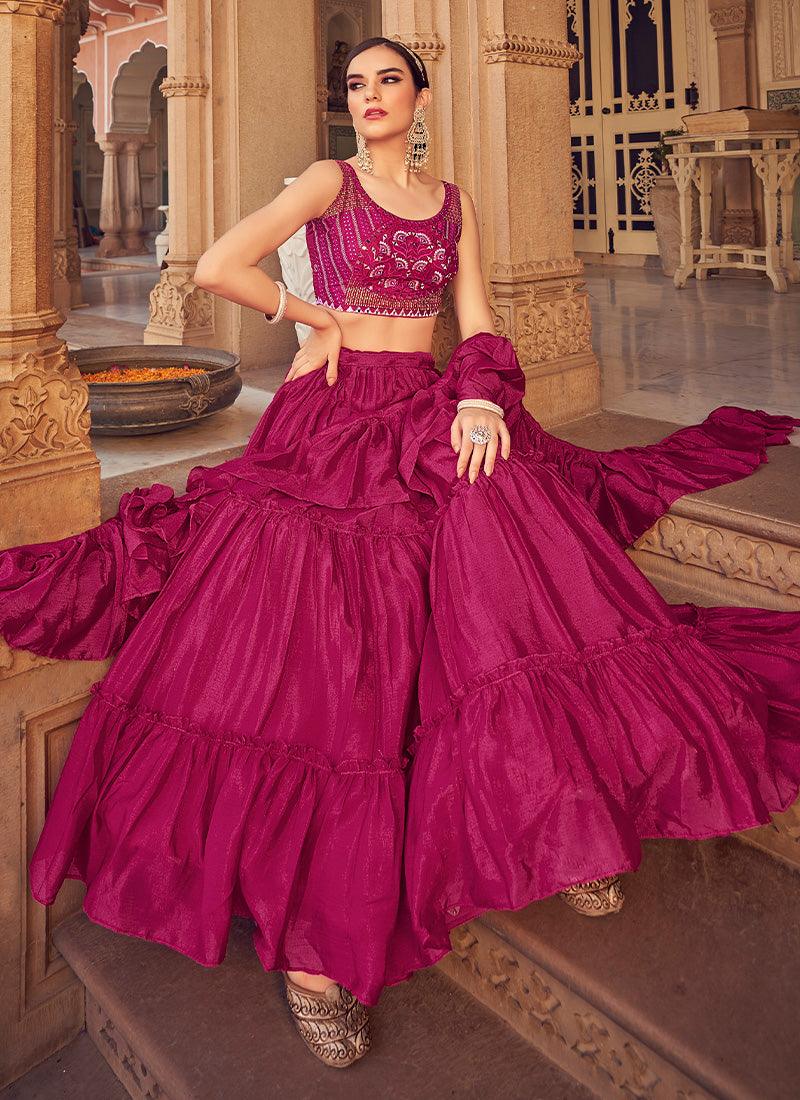 Mirror Work Choli With Pink Ruffle Chaniya