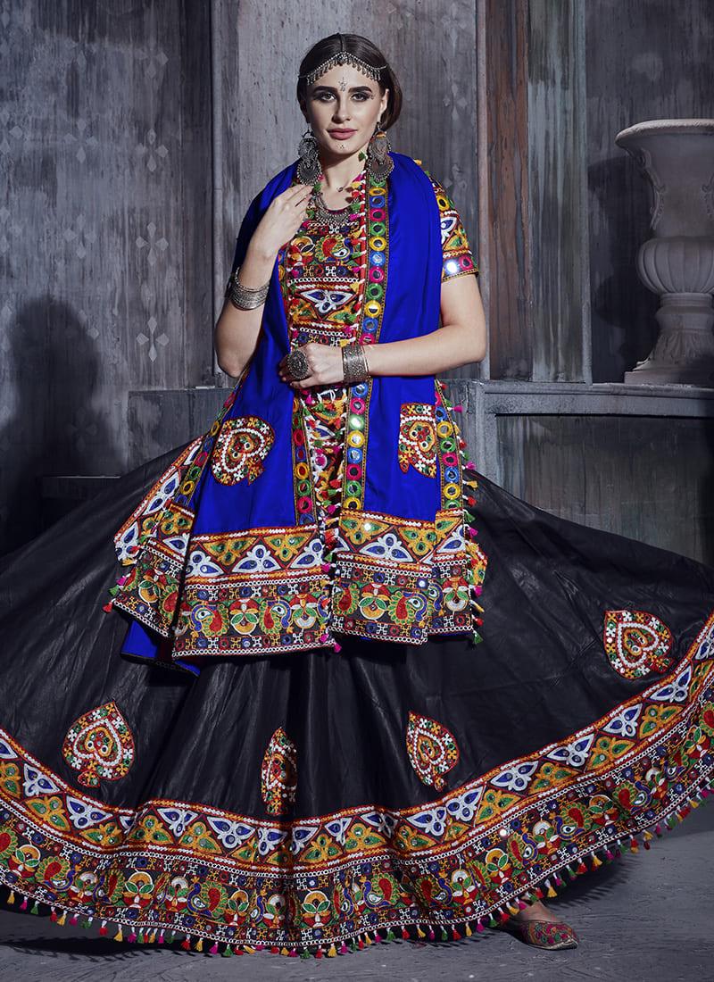 Mirror Work Navratri Ghagra Choli With Blue Dupatta