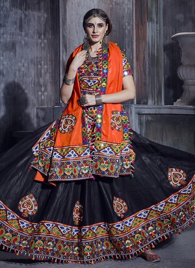 Mirror Work Navratri Ghagra Choli With Orange Dupatta