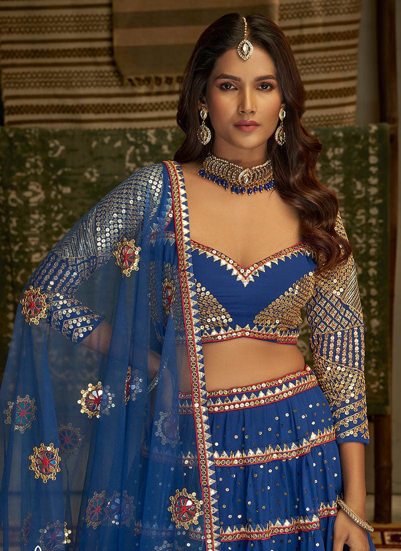 Mirror Work Royal Blue Lehenga Skirt