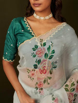 Organza Silk Floral Handwork Saree | Mist Blue Festive Wear