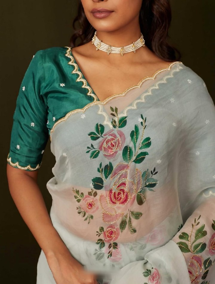 Organza Silk Floral Handwork Saree | Mist Blue Festive Wear