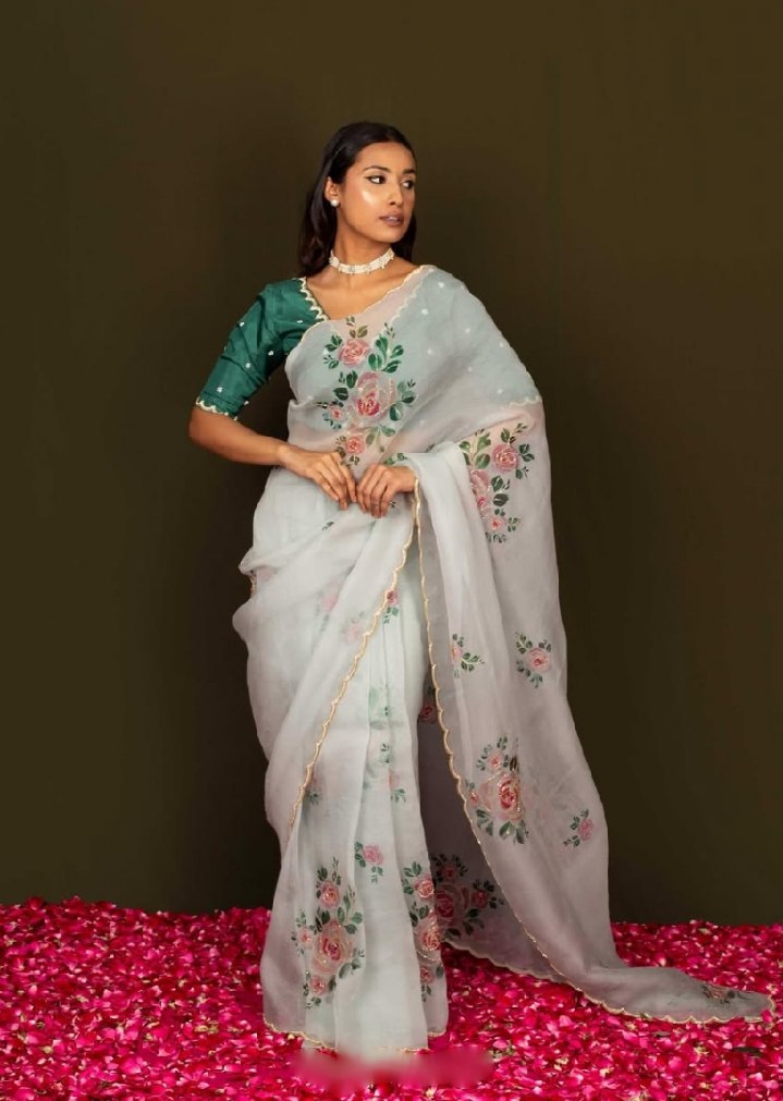 Organza Silk Floral Handwork Saree | Mist Blue Festive Wear
