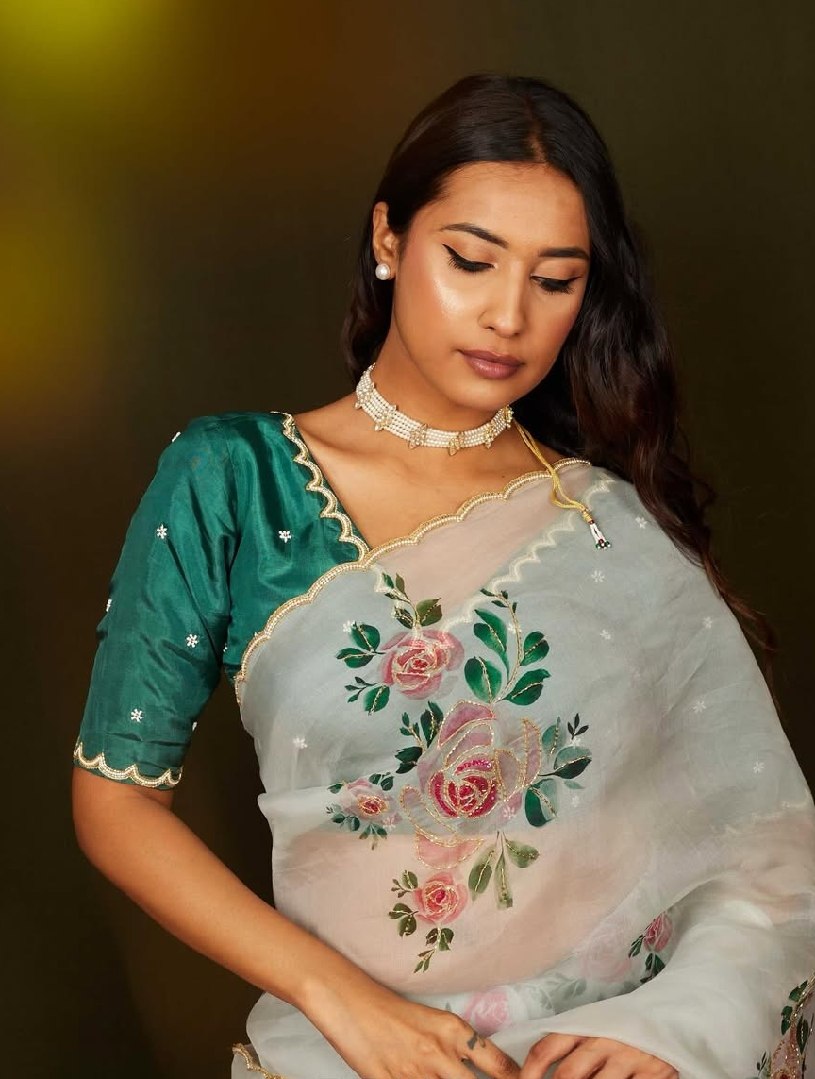Organza Silk Floral Handwork Saree | Mist Blue Festive Wear