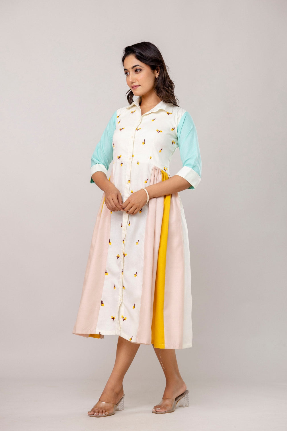 Mix Colour Women's Fully Stitched Cotton Embroidered Kurti with 3/4 Sleeves & 3-Meter Flair