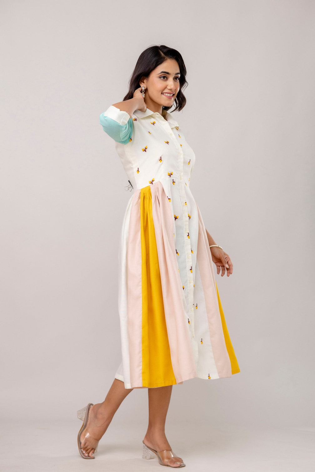 Mix Colour Women's Fully Stitched Cotton Embroidered Kurti with 3/4 Sleeves & 3-Meter Flair