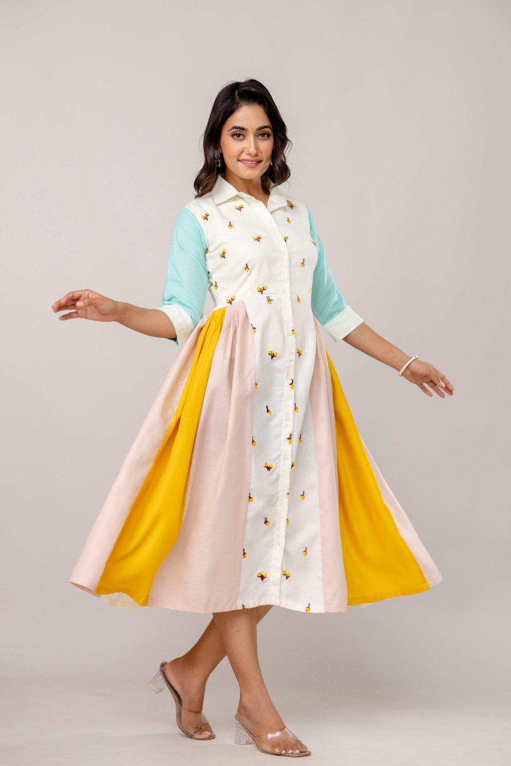 Mix Colour Women's Fully Stitched Cotton Embroidered Kurti with 3/4 Sleeves & 3-Meter Flair