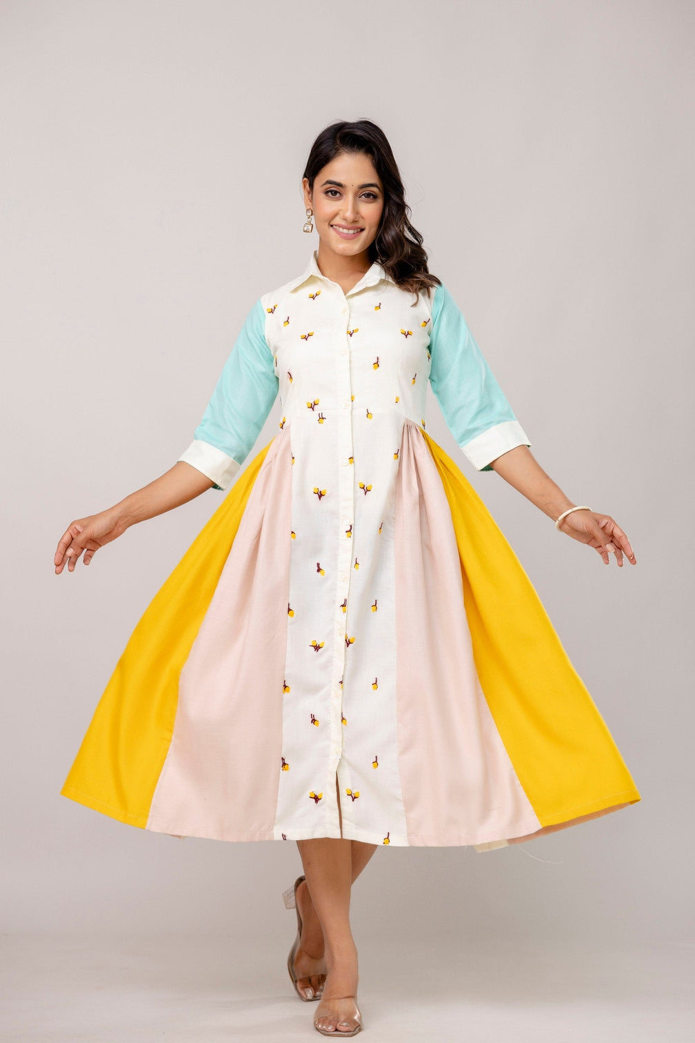 Mix Colour Women's Fully Stitched Cotton Embroidered Kurti with 3/4 Sleeves & 3-Meter Flair