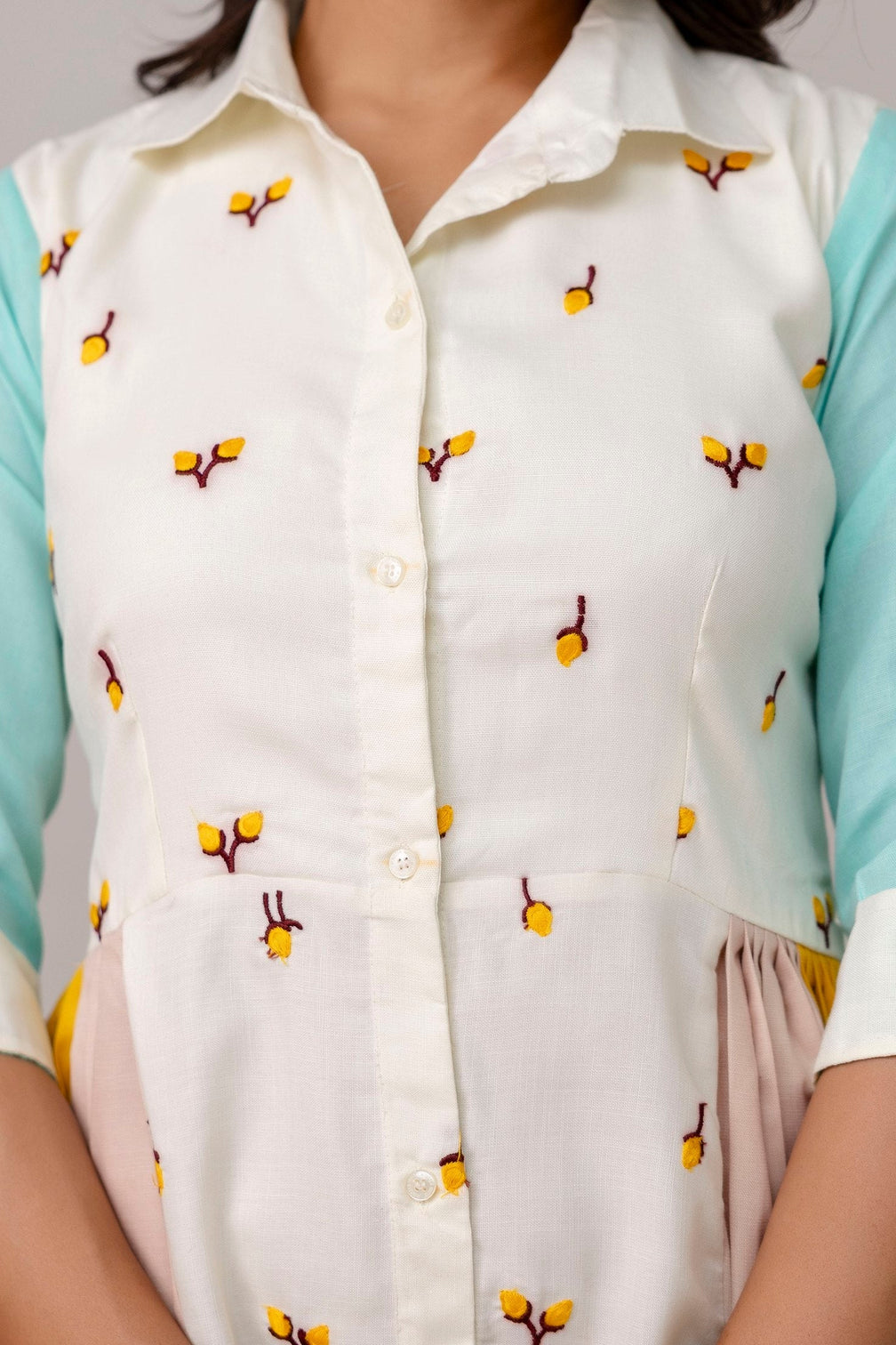 Mix Colour Women's Fully Stitched Cotton Embroidered Kurti with 3/4 Sleeves & 3-Meter Flair