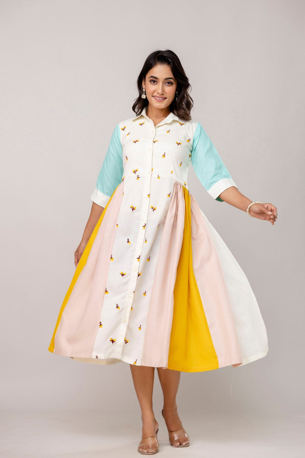 Mix Colour Women's Fully Stitched Cotton Embroidered Kurti with 3/4 Sleeves & 3-Meter Flair