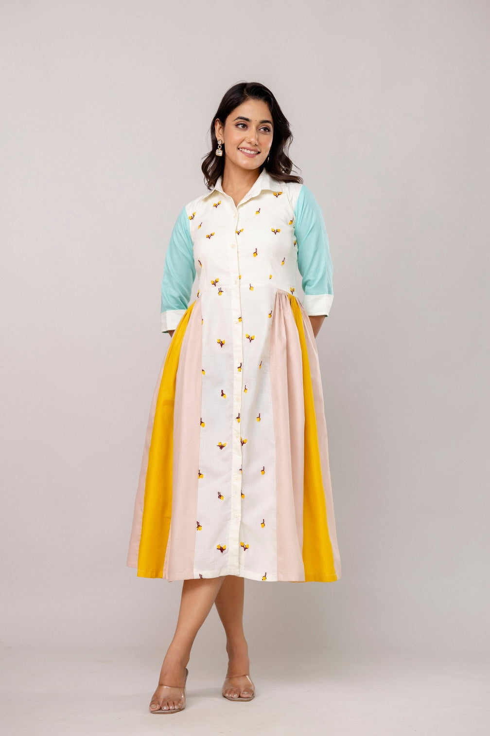 Mix Colour Women's Fully Stitched Cotton Embroidered Kurti with 3/4 Sleeves & 3-Meter Flair