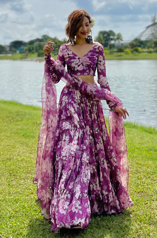 Purple Floral Printed Lehenga Choli with ruffled stitch pattern