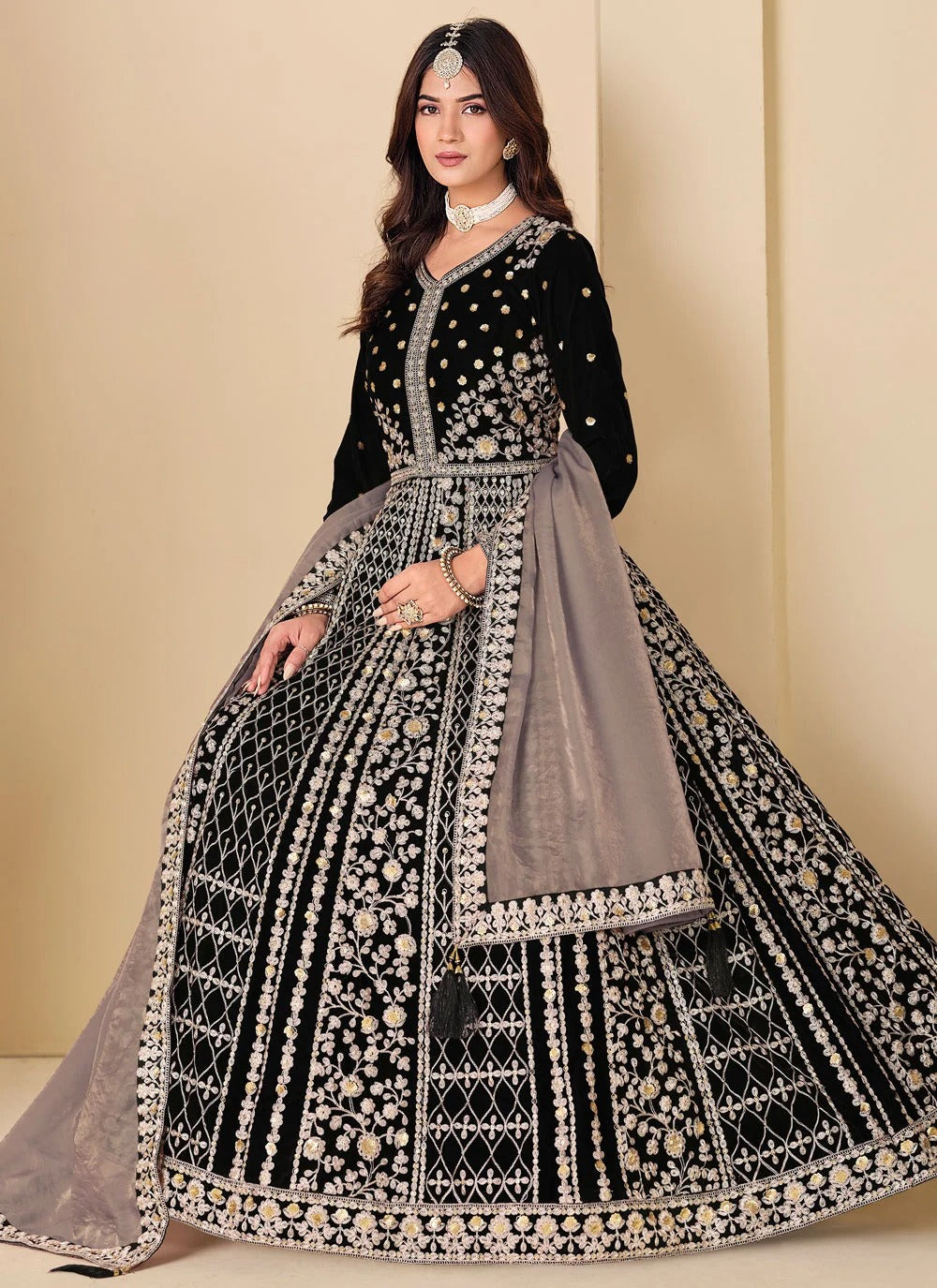 Black velvet abaya style anarkali suit with embroidery work silk dupatta