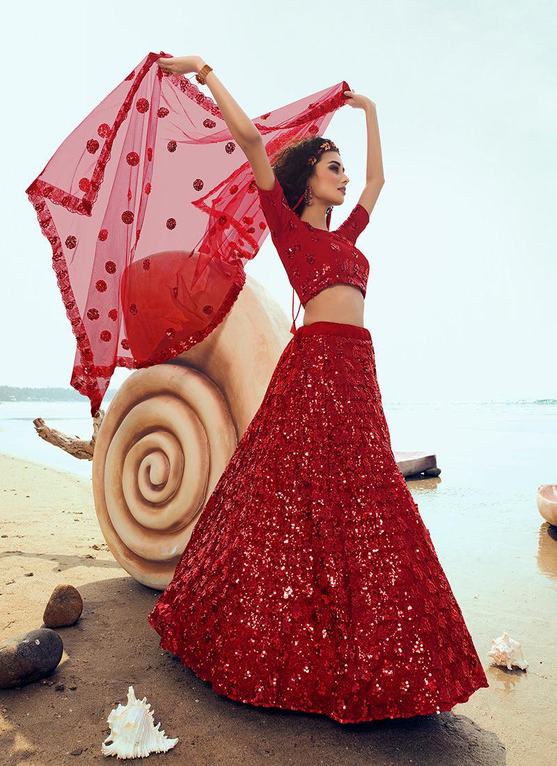 Modish Bright Red Soft Net Base Sequin Work Lehenga Choli