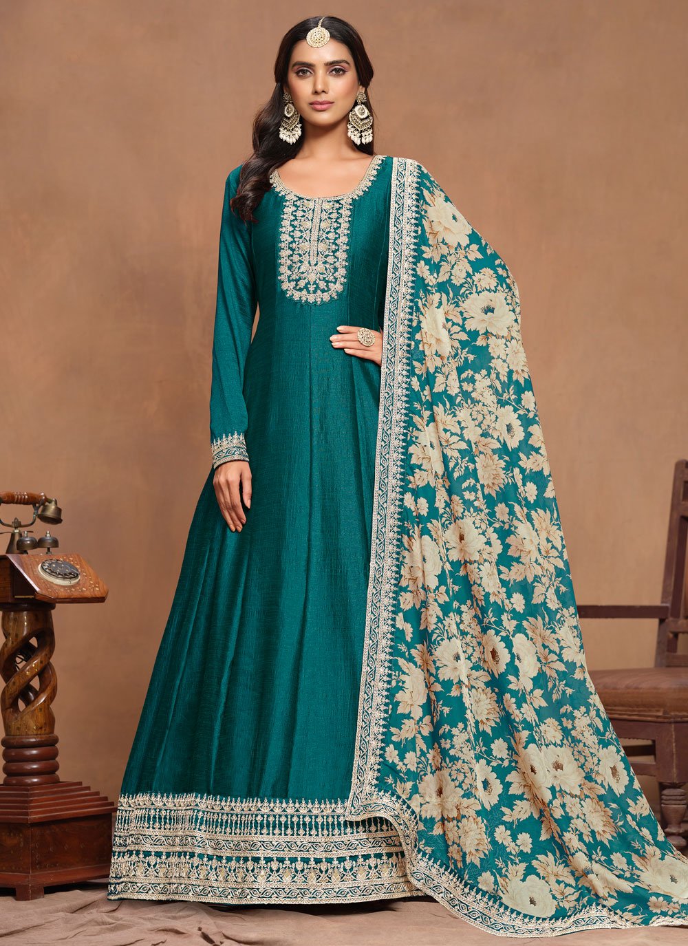 Morpeach art silk embroidered ethnic anarkali gown with organza dupatta