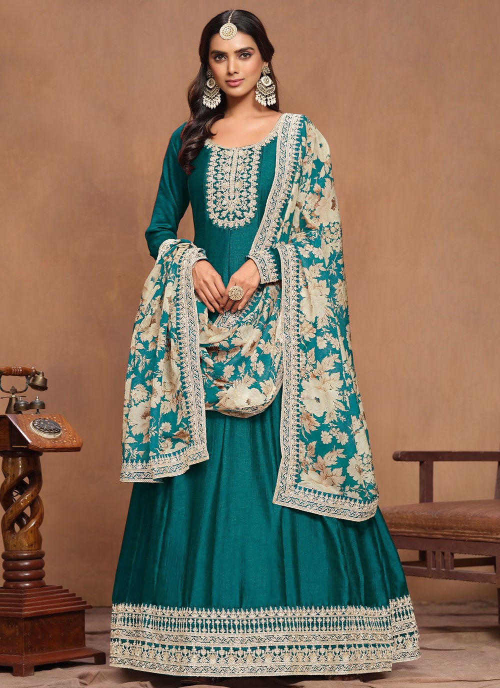 Morpeach art silk embroidered ethnic anarkali gown with organza dupatta