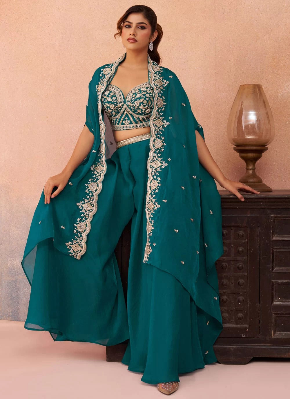 Morpeach organza indo western set with embroidered flared cape palazzo