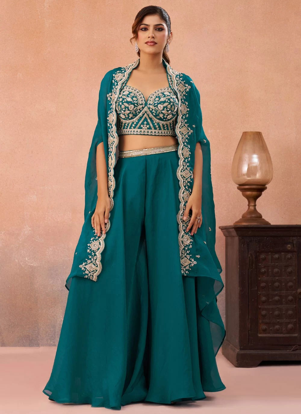 Morpeach organza indo western set with embroidered flared cape palazzo