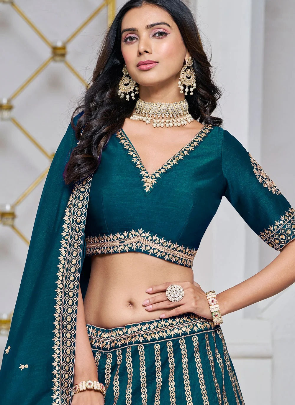 Morpeach wedding guest lehenga in art silk with embroidery