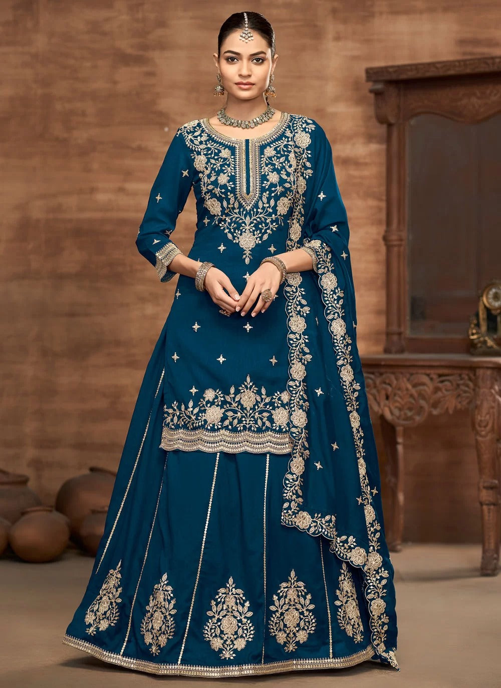Graceful morpeach vichitra silk ready to wear lehenga choli set