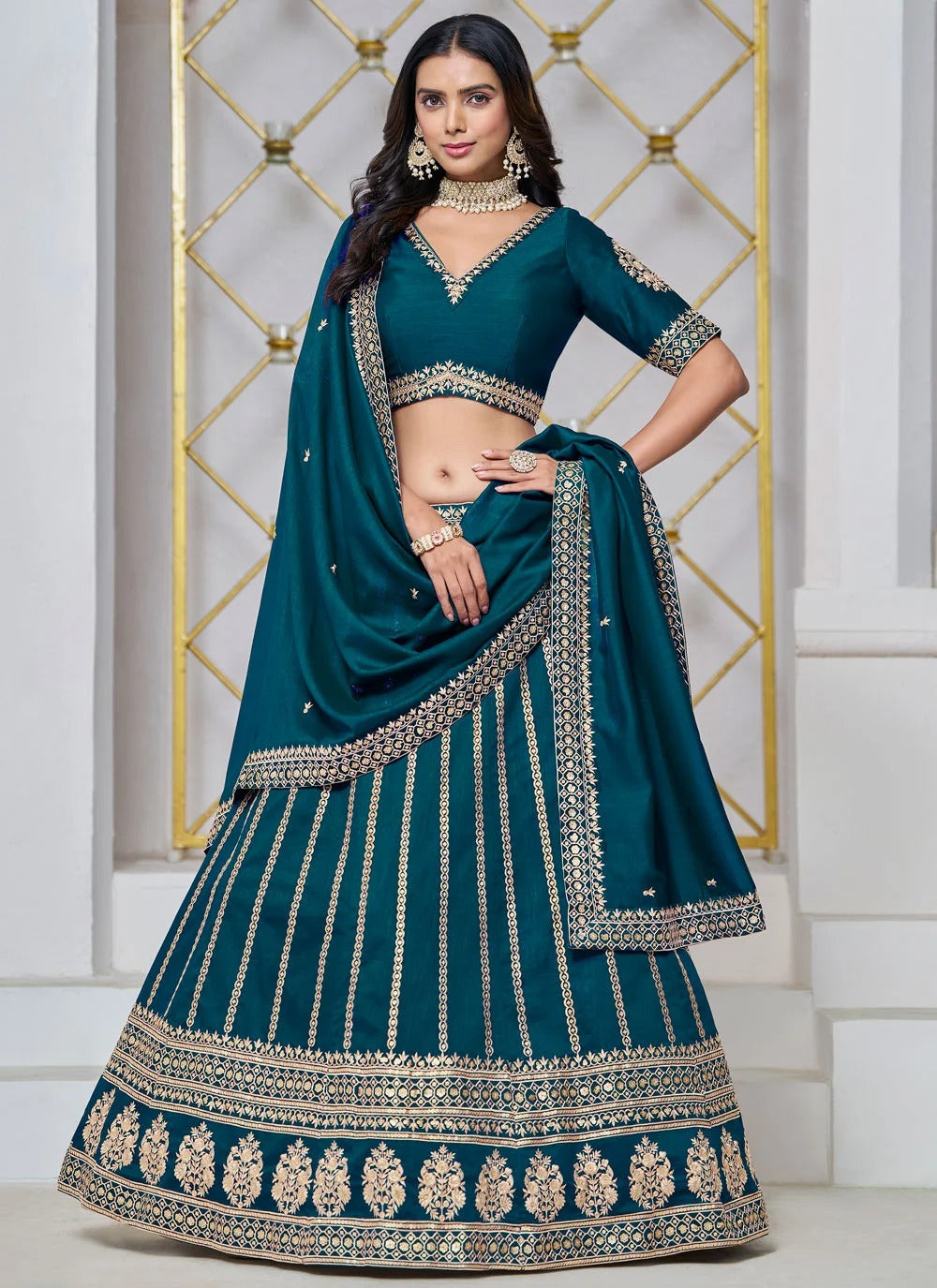 Morpeach wedding guest lehenga in art silk with embroidery