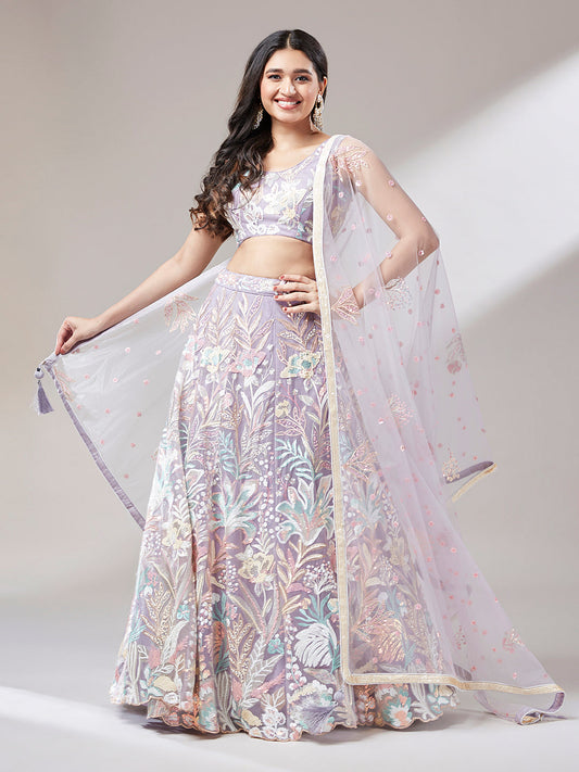 Mauve Net Sequinse Work Semi-Stitched Lehenga & Unstitched Blouse with Dupatta