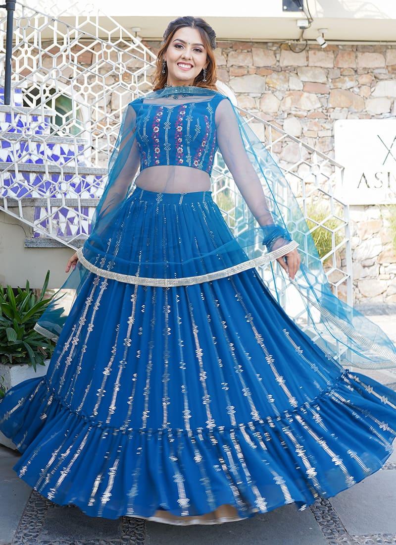 Mukaish Work Ruffle Dusty Blue Lehenga