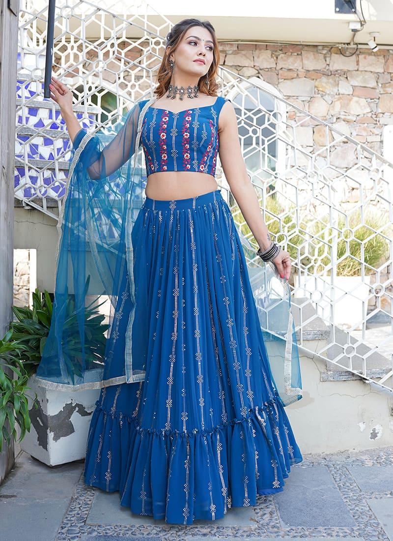 Mukaish Work Ruffle Dusty Blue Lehenga