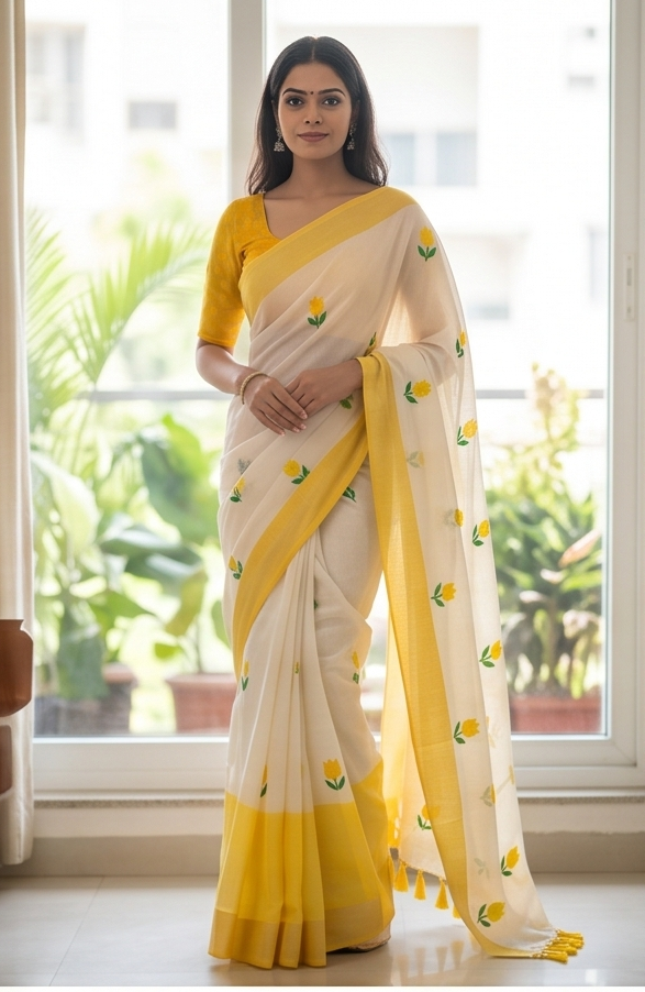 Mulmul cotton saree with multicolored checks and handmade tassels mameraa