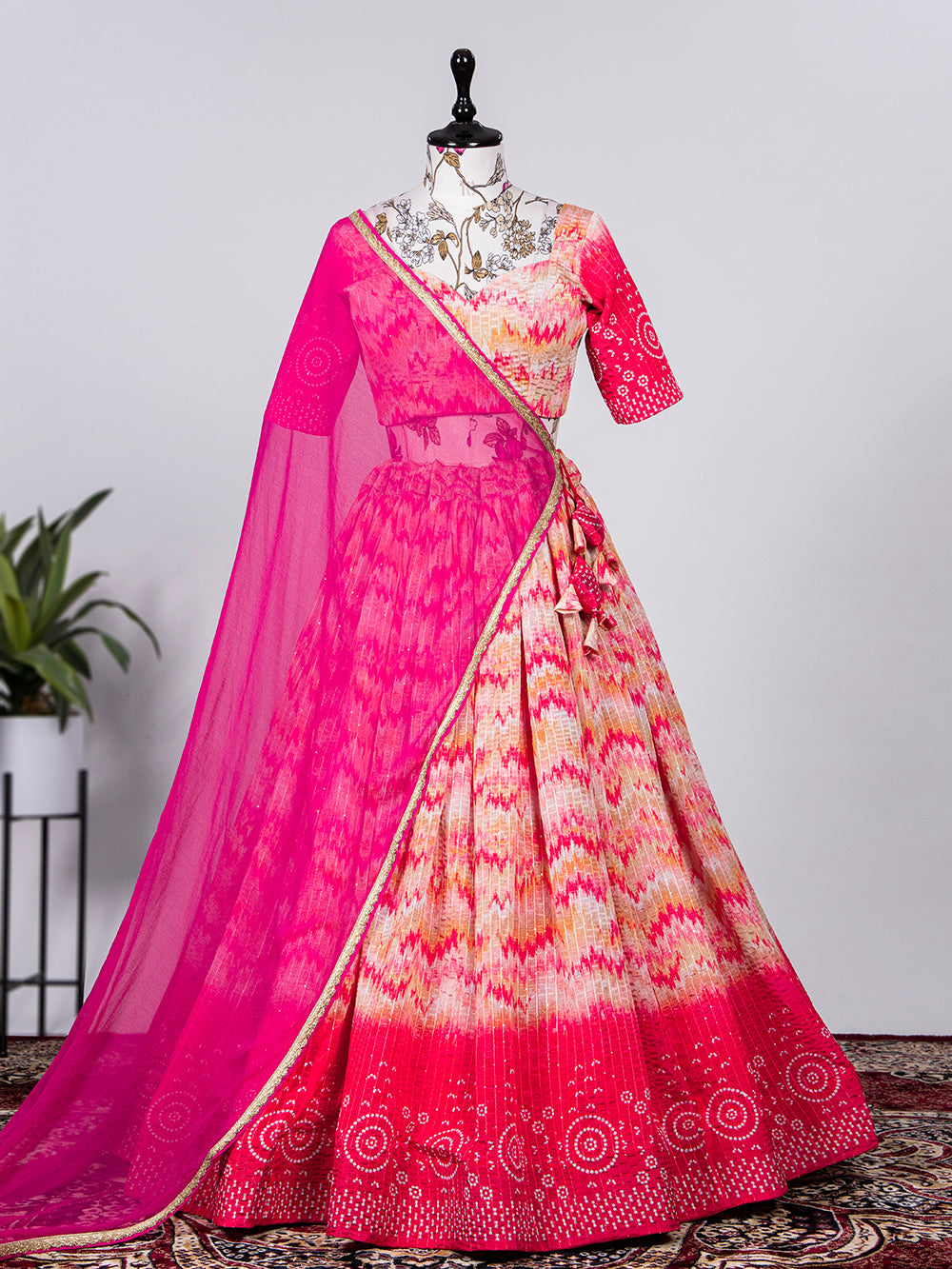 Multi Color Crochet Sequins Embroidery Work Chinon Lehenga Choli