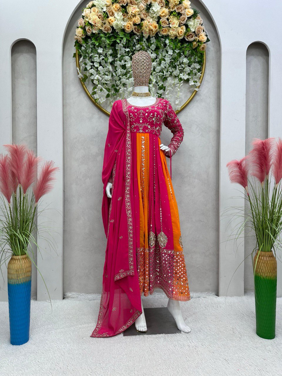 Multi Color Designer Fox Georgette Anarkali Set with Diamond Embroidery & Dupatta