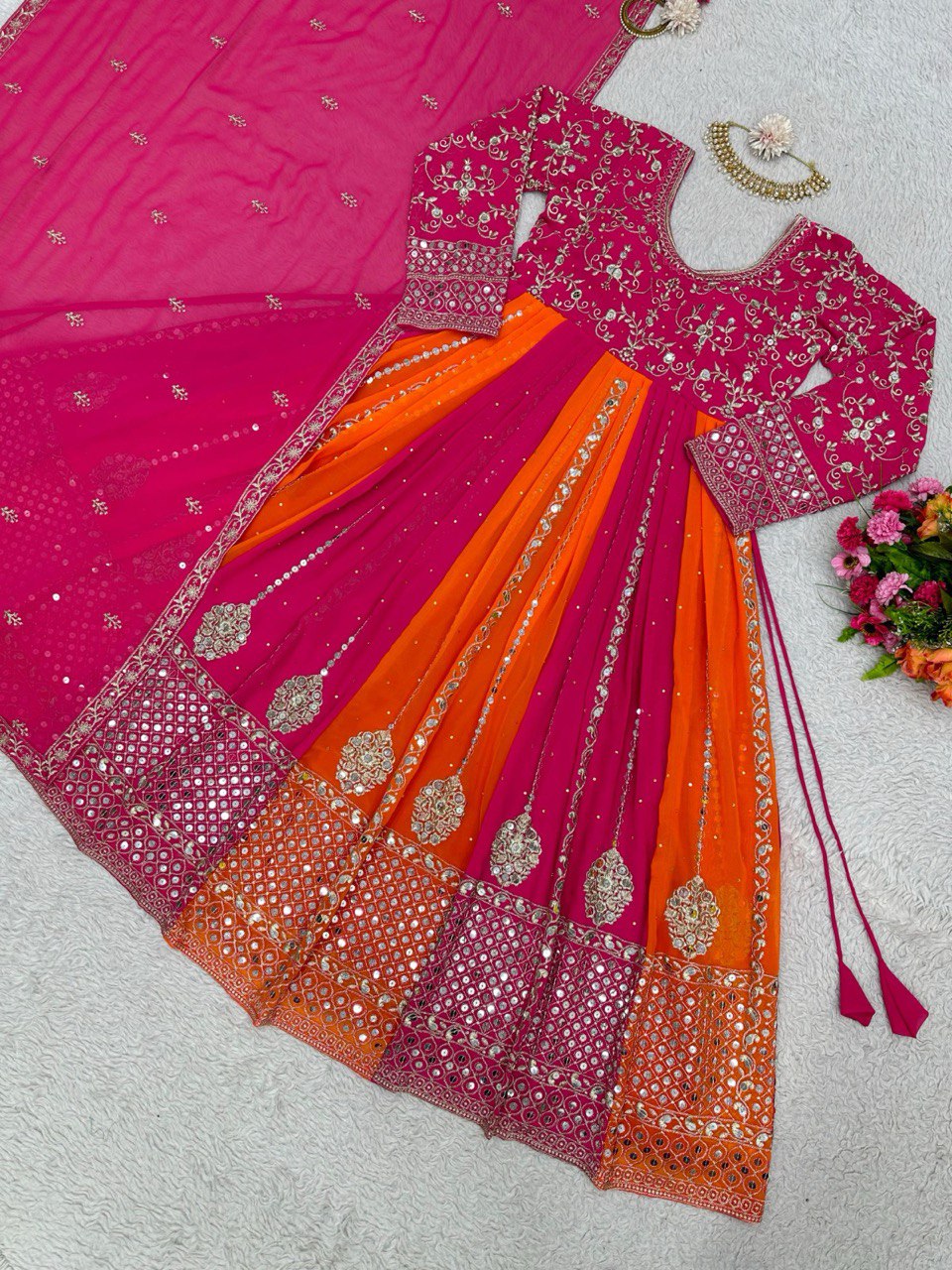 Multi Color Designer Fox Georgette Anarkali Set with Diamond Embroidery & Dupatta