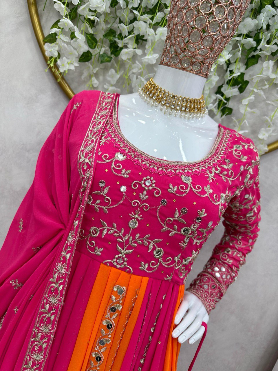 Multi Color Designer Fox Georgette Anarkali Set with Diamond Embroidery & Dupatta