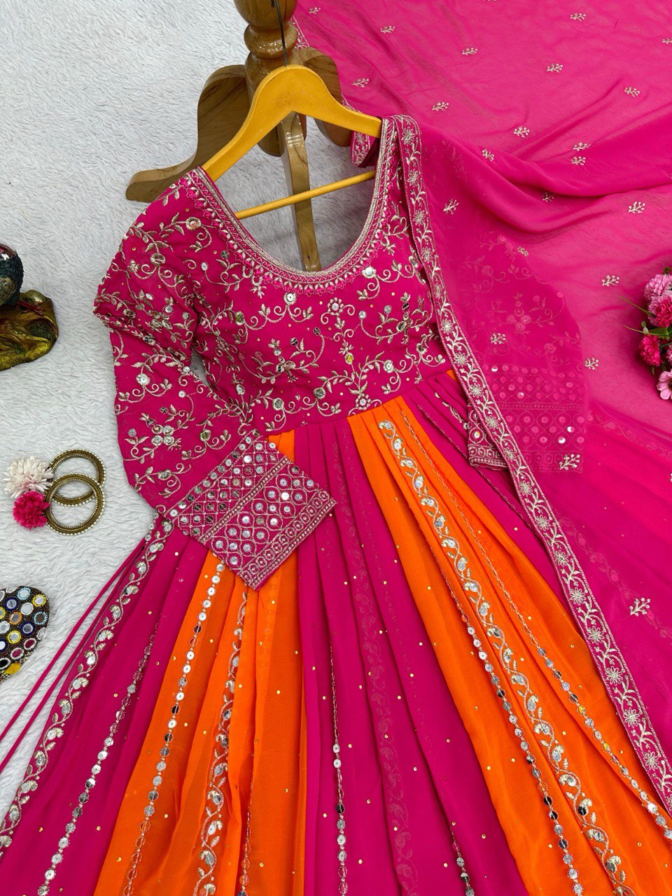 Multi Color Designer Fox Georgette Anarkali Set with Diamond Embroidery & Dupatta