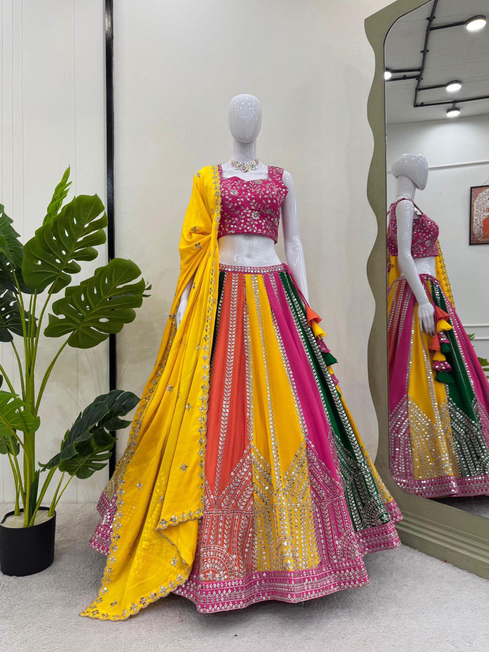 Multi Color Elegant Chinon Silk Sequins Embroidered Lehenga Set