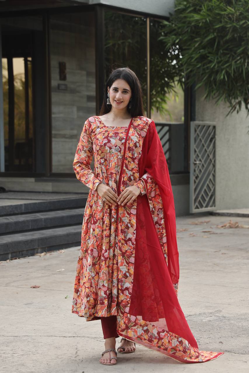 Multi-Color Flair Designer Muslin Anarkali Suit Set with Crosed Embroidery & Digital Print