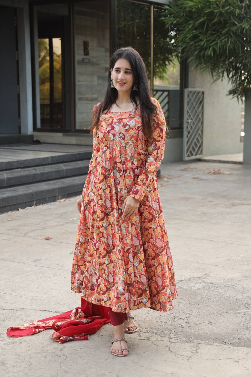 Multi-Color Flair Designer Muslin Anarkali Suit Set with Crosed Embroidery & Digital Print