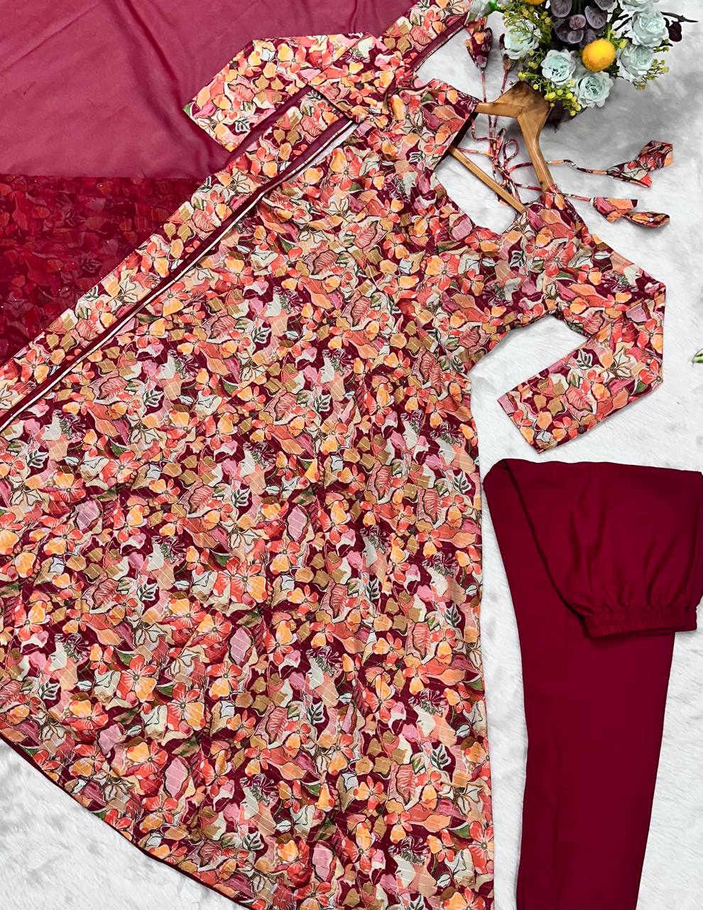 Multi-Color Flair Designer Muslin Anarkali Suit Set with Crosed Embroidery & Digital Print