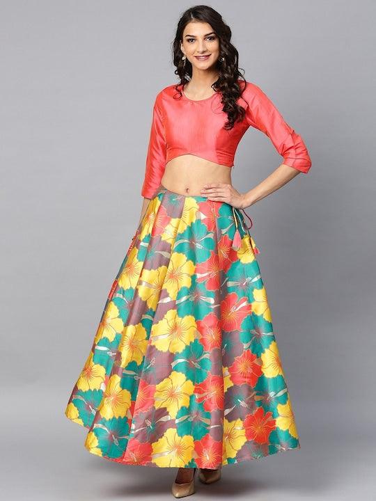 multi color Silk printed kalidar lehenga choli